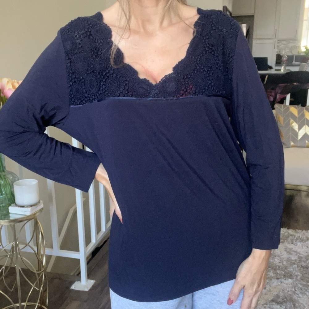 Rena Lange Navy Blue V Neck Embroidered Pullover Long Sleeve Vtg Top T- Shirt XL